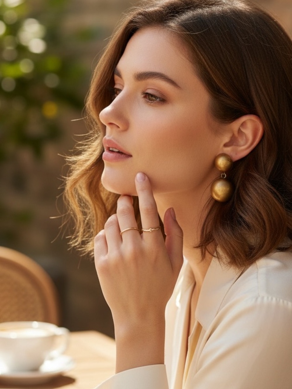 Vintage Gold-Tone Double Drop Ball Earrings. About 2 inches long. Wider on model - Picture 5 of 6